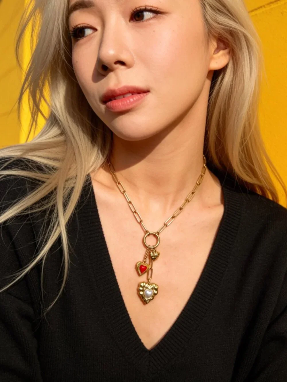 Gold Multi Heart Charm Necklace Stainless Steel - Picture 9 of 13